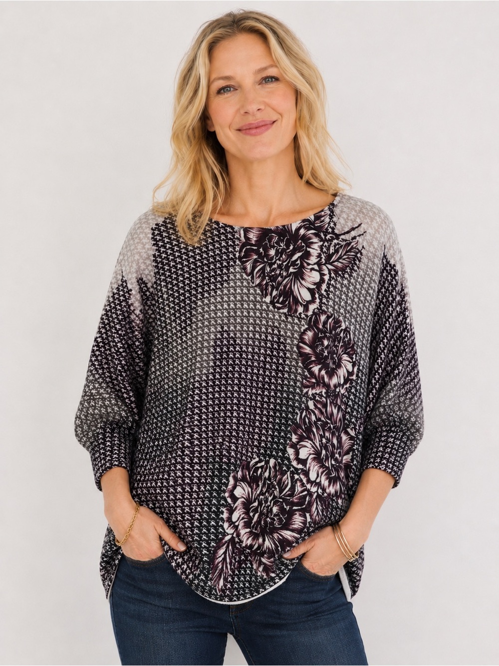 Chico’s Size 2 Large Purple Floral Houndstooth Dolman Sleeve Lightweigh Pullover